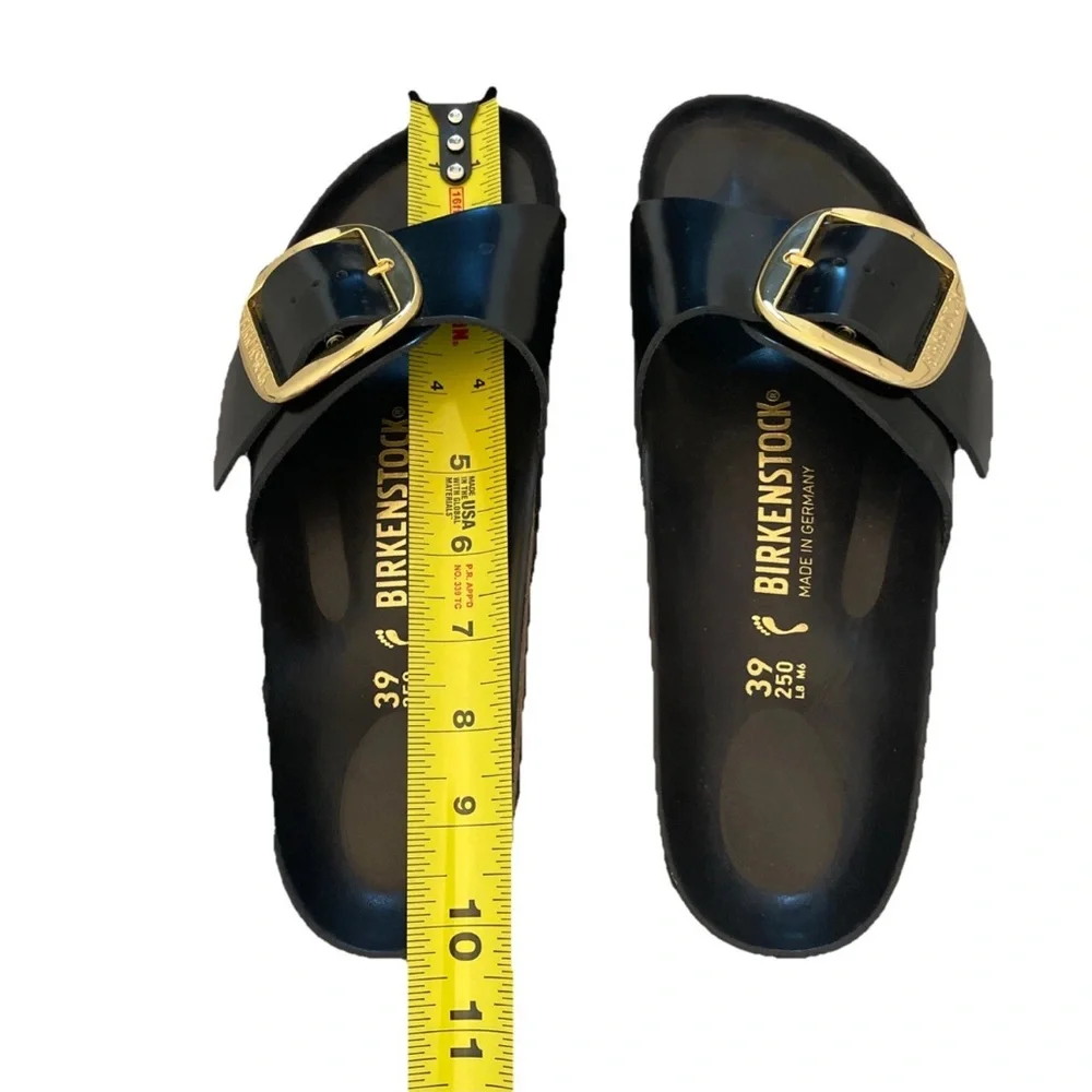 Birkenstock Madrid High Shine Big Buckle Black Slide Sandal Gold Size 39/US 8 - Picture 10 of 12
